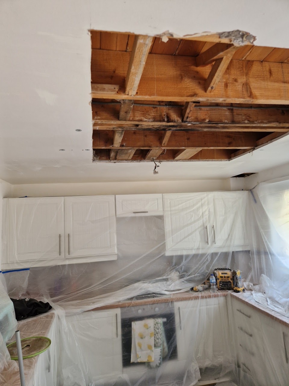 Kitchen sheeted up ready for ceiling plastering